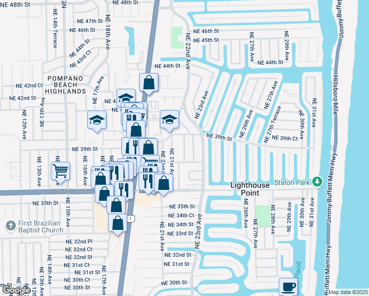 map of restaurants, bars, coffee shops, grocery stores, and more near 3831 Northeast 22nd Way in Lighthouse Point