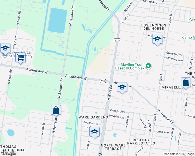 map of restaurants, bars, coffee shops, grocery stores, and more near 3920 Auburn Avenue in McAllen