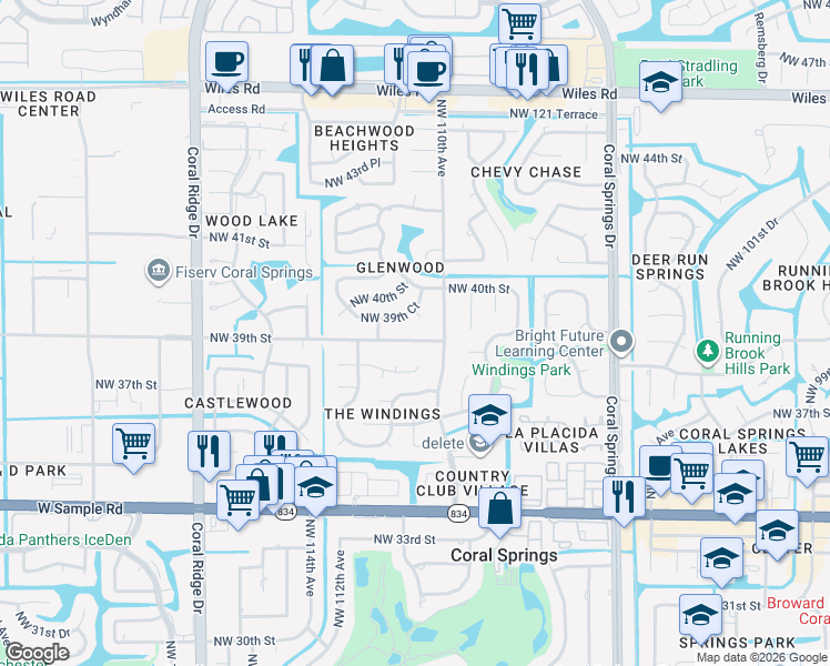 map of restaurants, bars, coffee shops, grocery stores, and more near 11061 Northwest 39th Street in Coral Springs