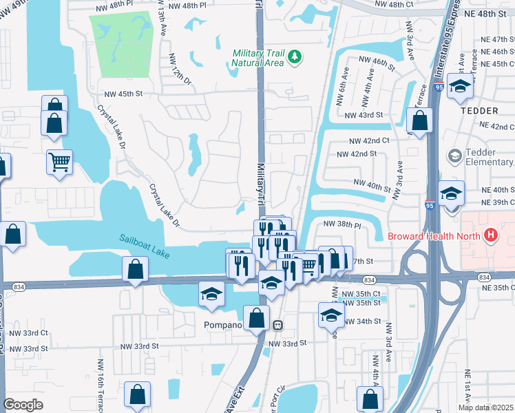 map of restaurants, bars, coffee shops, grocery stores, and more near 3821 Military Trail in Pompano Beach