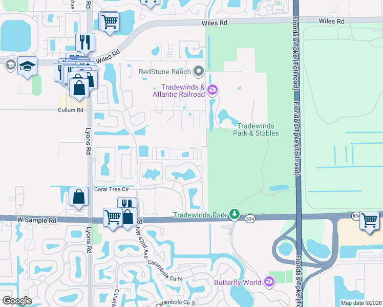map of restaurants, bars, coffee shops, grocery stores, and more near 3903 Passion Flower Road in Coconut Creek