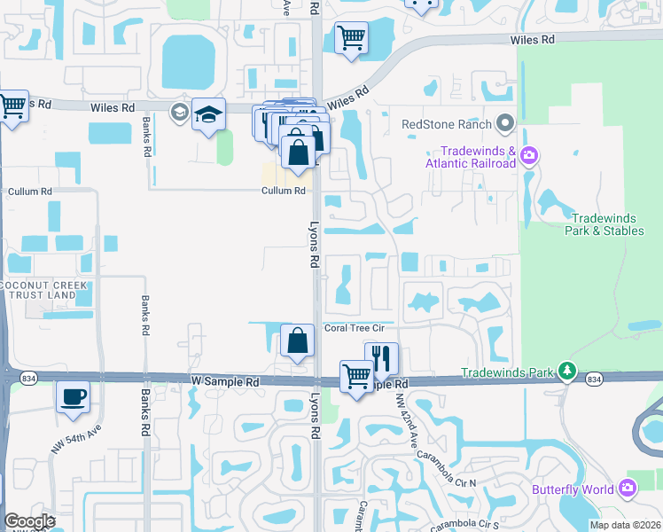 map of restaurants, bars, coffee shops, grocery stores, and more near 3860 Lyons Road in Coconut Creek