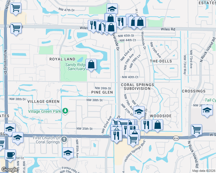 map of restaurants, bars, coffee shops, grocery stores, and more near 3880 Northwest 81st Terrace in Coral Springs