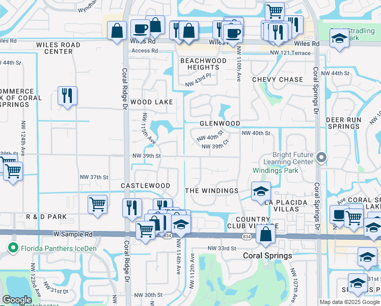 map of restaurants, bars, coffee shops, grocery stores, and more near 11280 Northwest 39th Street in Coral Springs