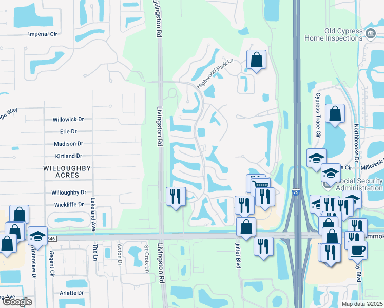 map of restaurants, bars, coffee shops, grocery stores, and more near 5430 Worthington Lane in Naples