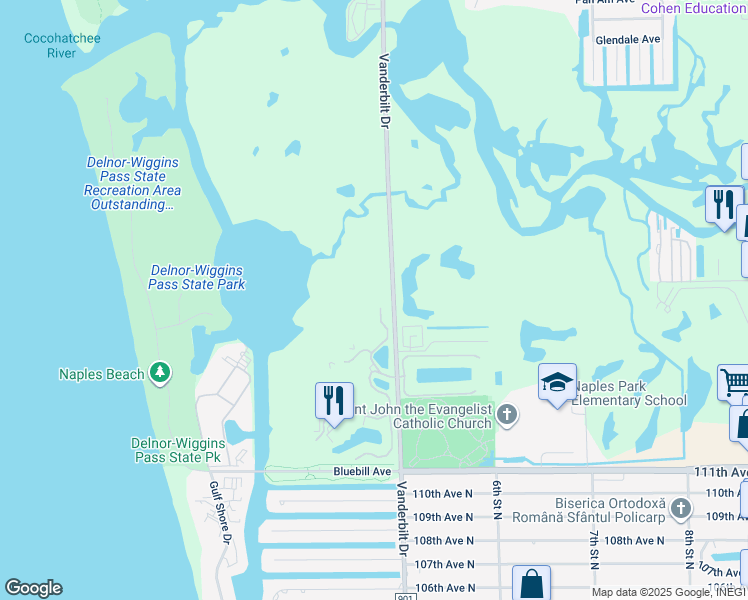 map of restaurants, bars, coffee shops, grocery stores, and more near 265 Indies Way in Naples