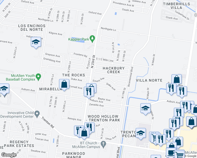 map of restaurants, bars, coffee shops, grocery stores, and more near 2236 Emory Court in McAllen