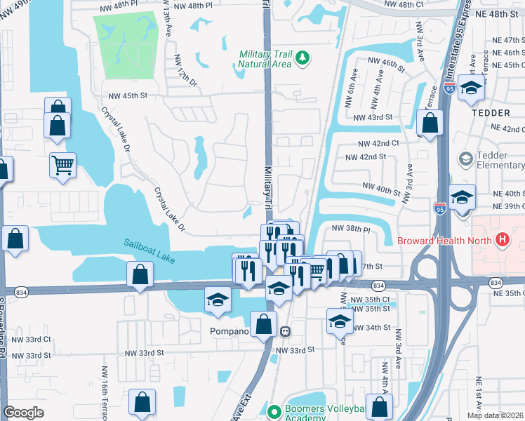 map of restaurants, bars, coffee shops, grocery stores, and more near 3821 Military Trail in Pompano Beach