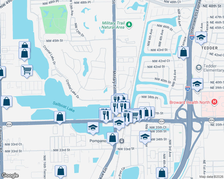 map of restaurants, bars, coffee shops, grocery stores, and more near 3821 Military Trail in Pompano Beach