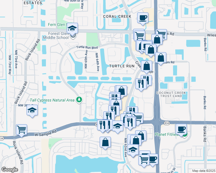 map of restaurants, bars, coffee shops, grocery stores, and more near 6375 Northwest 39th Street in Coral Springs