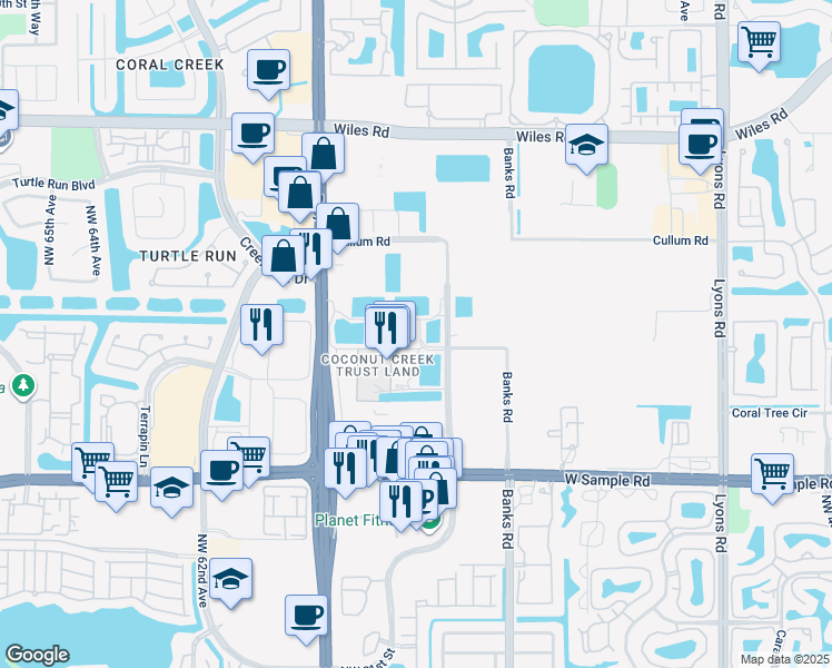 map of restaurants, bars, coffee shops, grocery stores, and more near 5550 Northwest 40th Street in Coconut Creek