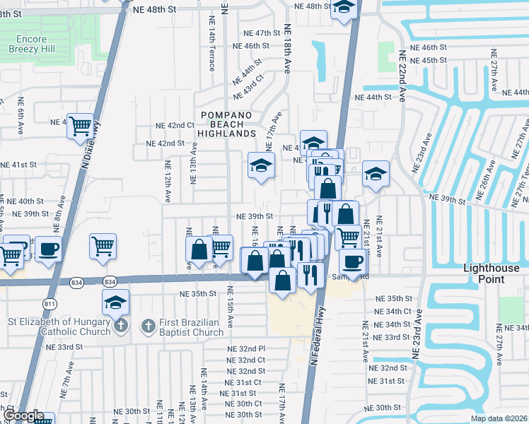 map of restaurants, bars, coffee shops, grocery stores, and more near 3870 Northeast 16th Avenue in Pompano Beach