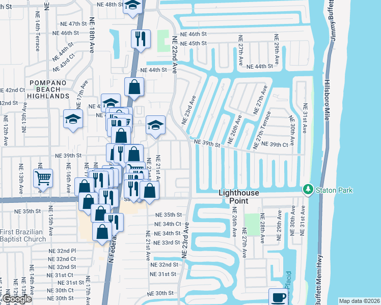 map of restaurants, bars, coffee shops, grocery stores, and more near 3820 Northeast 23rd Avenue in Lighthouse Point