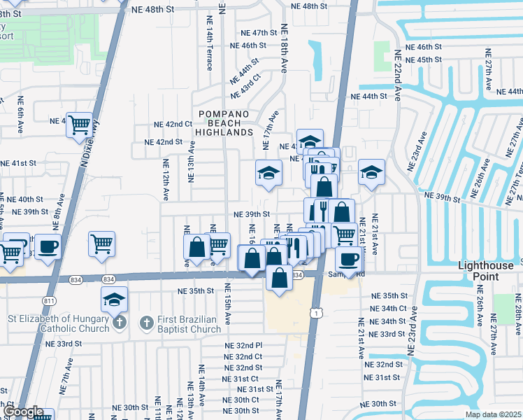 map of restaurants, bars, coffee shops, grocery stores, and more near 3870 Northeast 16th Avenue in Pompano Beach