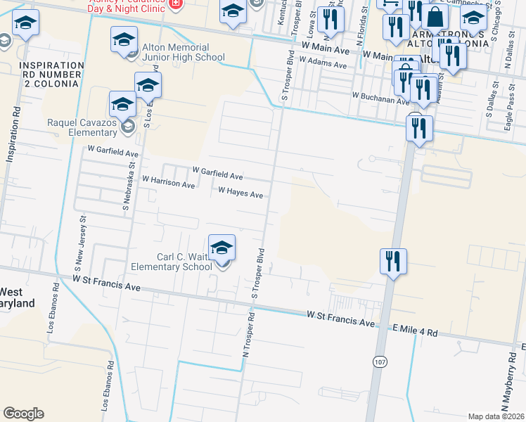 map of restaurants, bars, coffee shops, grocery stores, and more near 802 West Israel Avenue in Alton