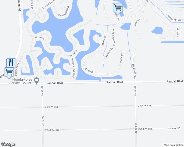 map of restaurants, bars, coffee shops, grocery stores, and more near 1593 Birdie Drive in Naples