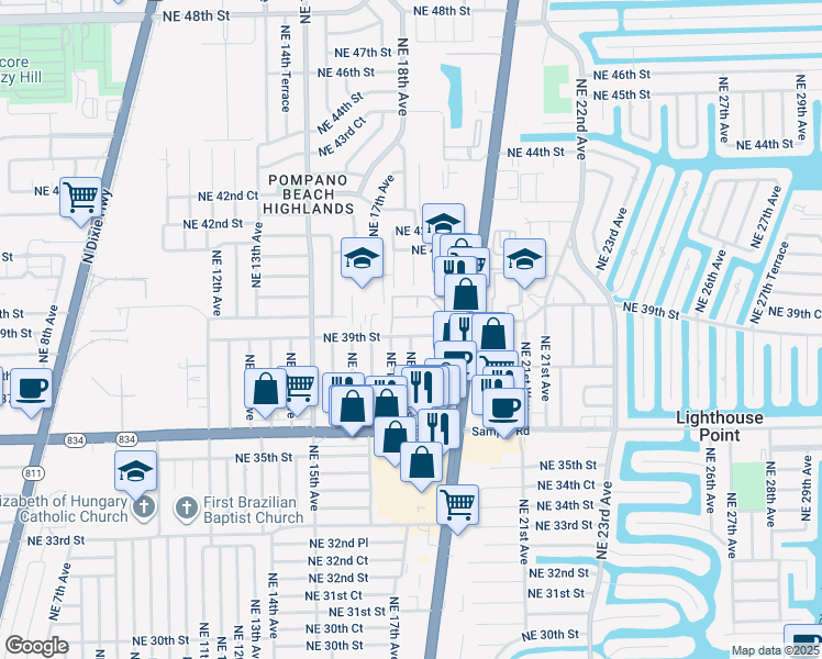 map of restaurants, bars, coffee shops, grocery stores, and more near 3860 Northeast 17th Avenue in Pompano Beach