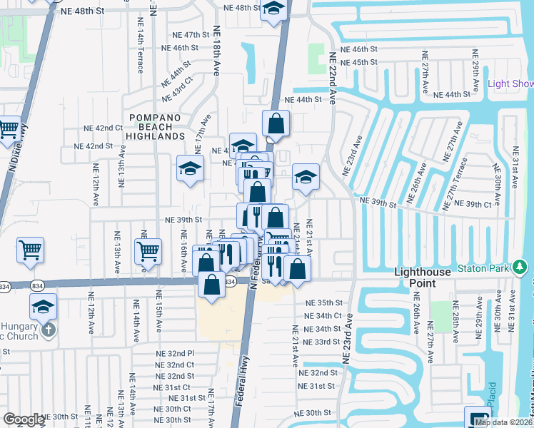 map of restaurants, bars, coffee shops, grocery stores, and more near 3885 U.S. 1 in Lighthouse Point