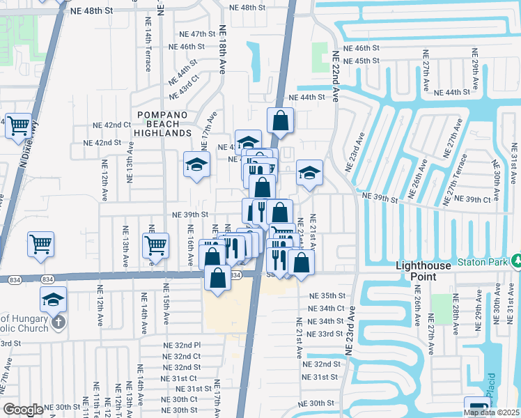 map of restaurants, bars, coffee shops, grocery stores, and more near 3885 U.S. 1 in Lighthouse Point