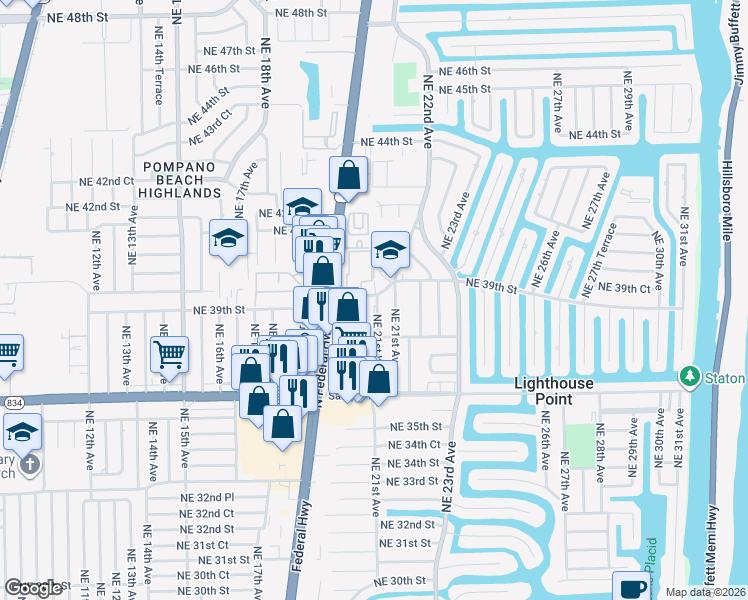 map of restaurants, bars, coffee shops, grocery stores, and more near 2050 Northeast 39th Street in Lighthouse Point