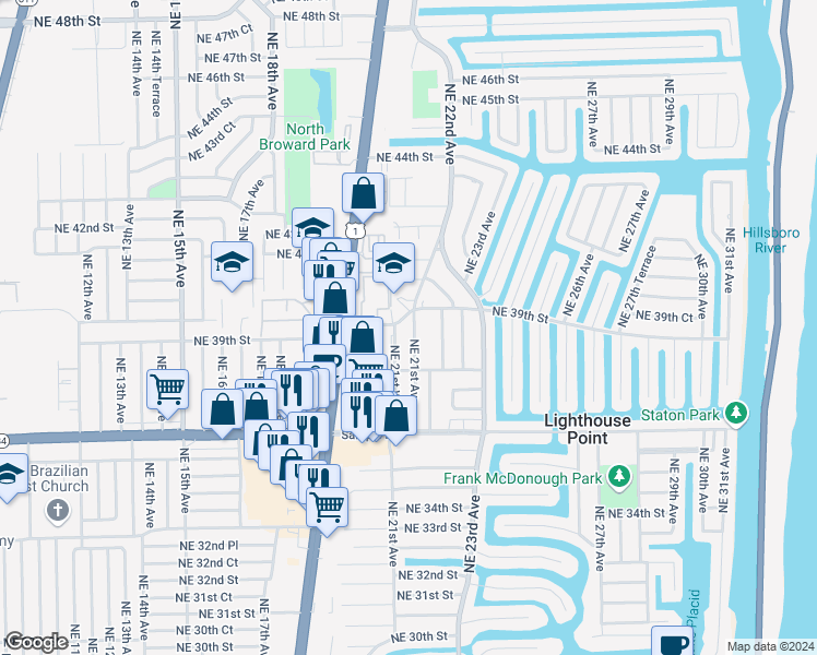 map of restaurants, bars, coffee shops, grocery stores, and more near 12a Northeast 21st Avenue in Lighthouse Point