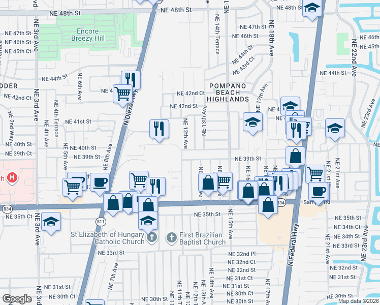 map of restaurants, bars, coffee shops, grocery stores, and more near 1290 Northeast 39th Street in Pompano Beach