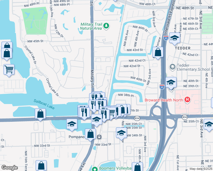 map of restaurants, bars, coffee shops, grocery stores, and more near 3870 Northwest 7th Avenue in Pompano Beach