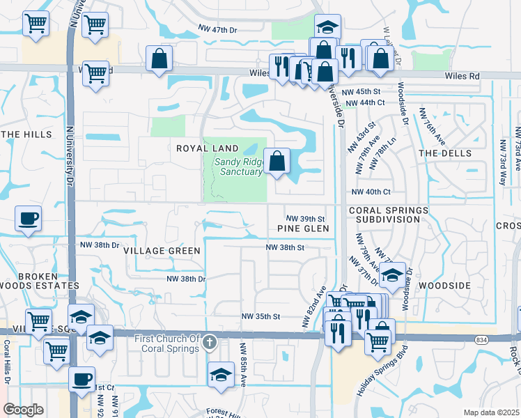 map of restaurants, bars, coffee shops, grocery stores, and more near 3811 Northwest 84th Avenue in Coral Springs
