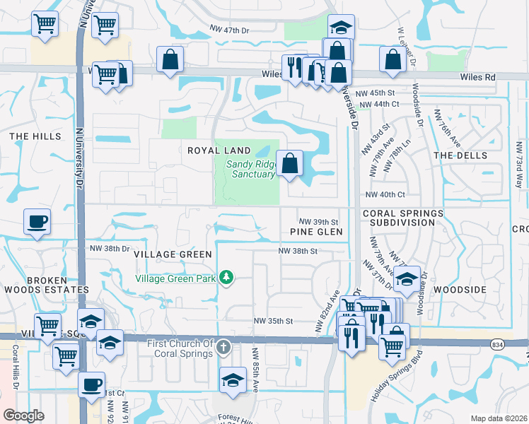 map of restaurants, bars, coffee shops, grocery stores, and more near 8465 Northwest 39th Court in Coral Springs