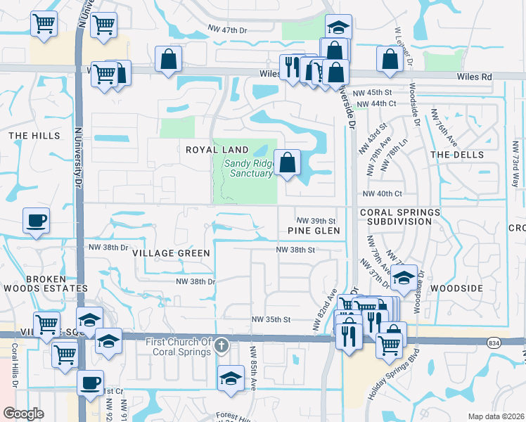 map of restaurants, bars, coffee shops, grocery stores, and more near 8465 Northwest 39th Court in Coral Springs