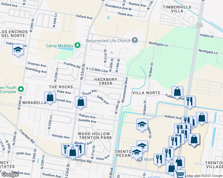map of restaurants, bars, coffee shops, grocery stores, and more near 2120 Fordham Avenue in McAllen