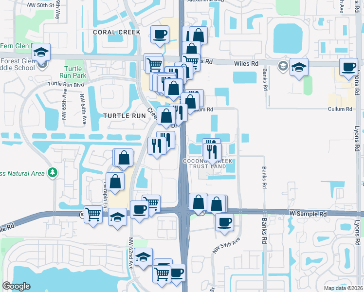 map of restaurants, bars, coffee shops, grocery stores, and more near 4230 North State Road 7 in Coral Springs