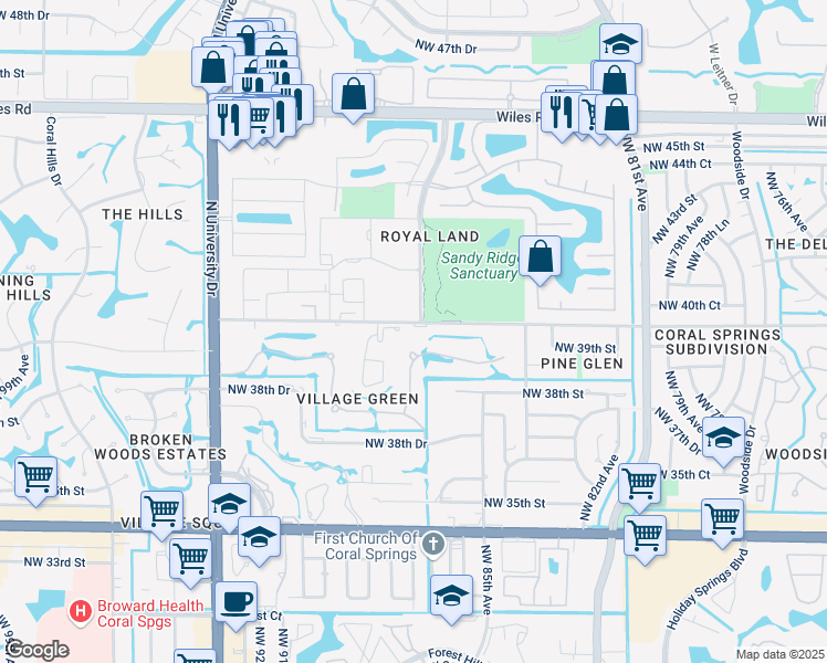 map of restaurants, bars, coffee shops, grocery stores, and more near 4104 Northwest 88th Avenue in Coral Springs