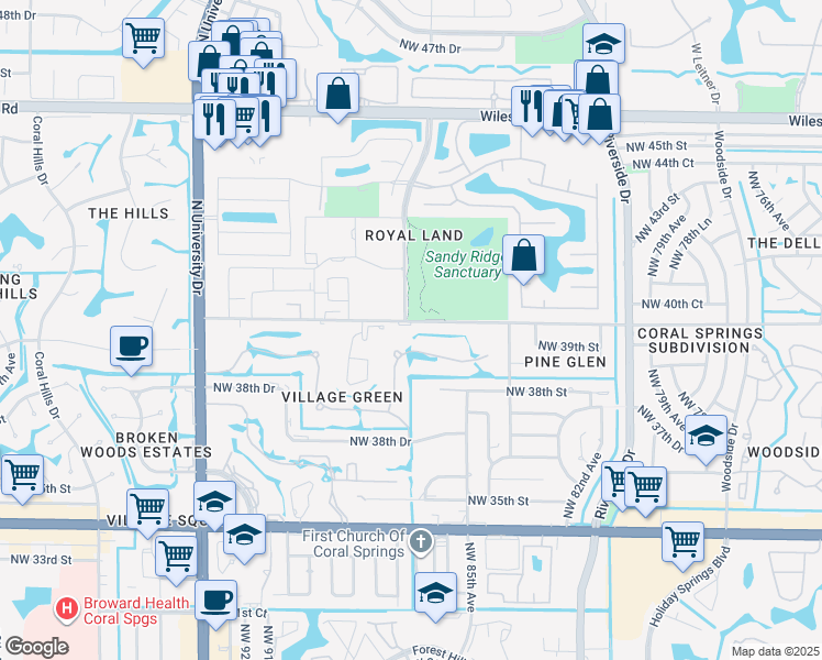 map of restaurants, bars, coffee shops, grocery stores, and more near 4104 Northwest 88th Avenue in Coral Springs
