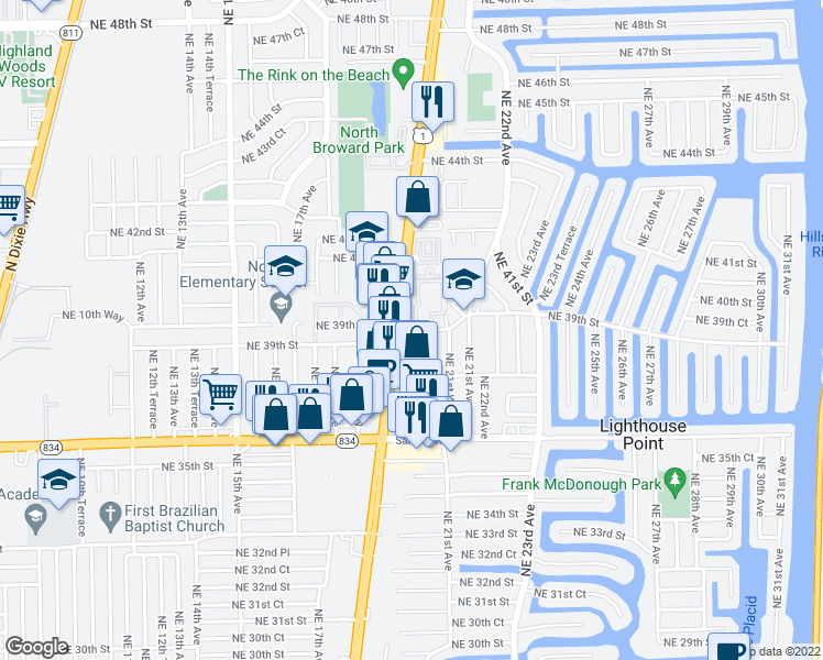 map of restaurants, bars, coffee shops, grocery stores, and more near 3955 North Federal Highway in Lighthouse Point