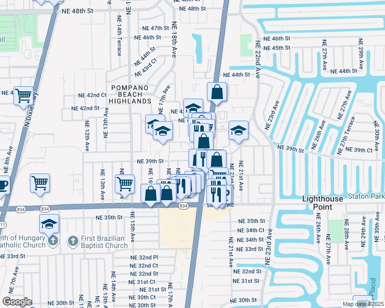 map of restaurants, bars, coffee shops, grocery stores, and more near 3951 Northeast 19th Road in Pompano Beach