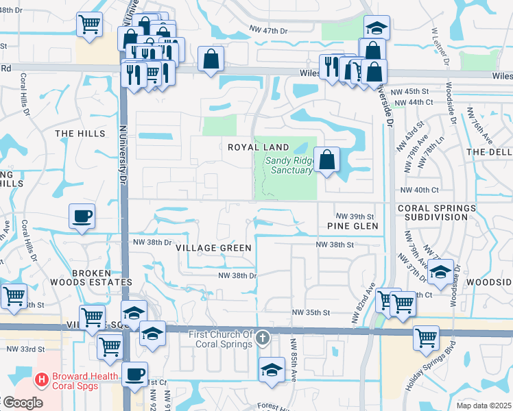 map of restaurants, bars, coffee shops, grocery stores, and more near 4104 Northwest 88th Avenue in Coral Springs
