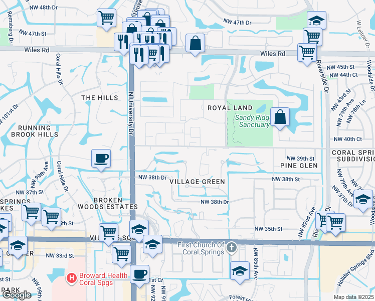 map of restaurants, bars, coffee shops, grocery stores, and more near 4137 Cardinal Road in Coral Springs