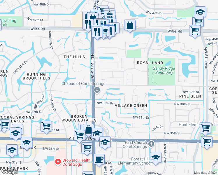 map of restaurants, bars, coffee shops, grocery stores, and more near 4161 Northwest 90th Avenue in Coral Springs