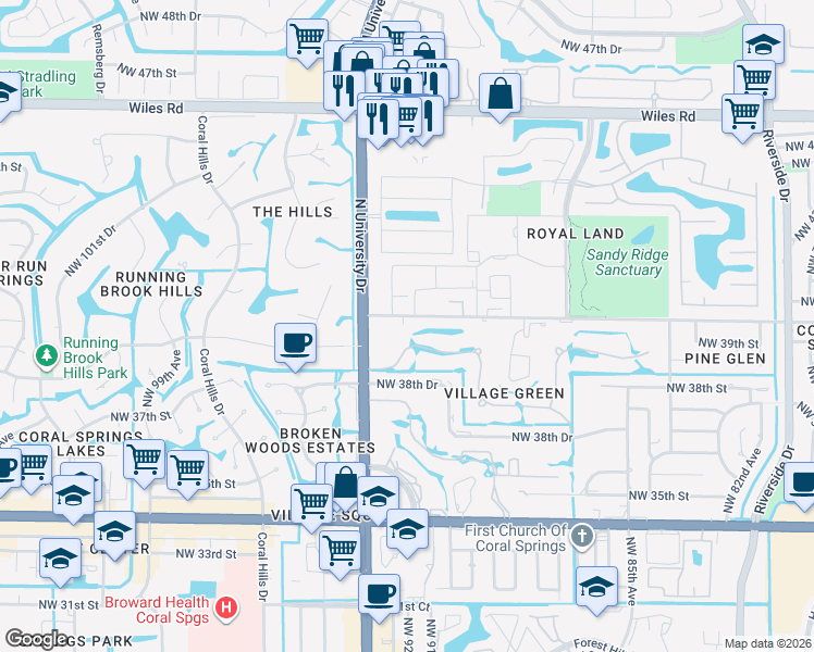 map of restaurants, bars, coffee shops, grocery stores, and more near 4151 Northwest 90th Avenue in Coral Springs
