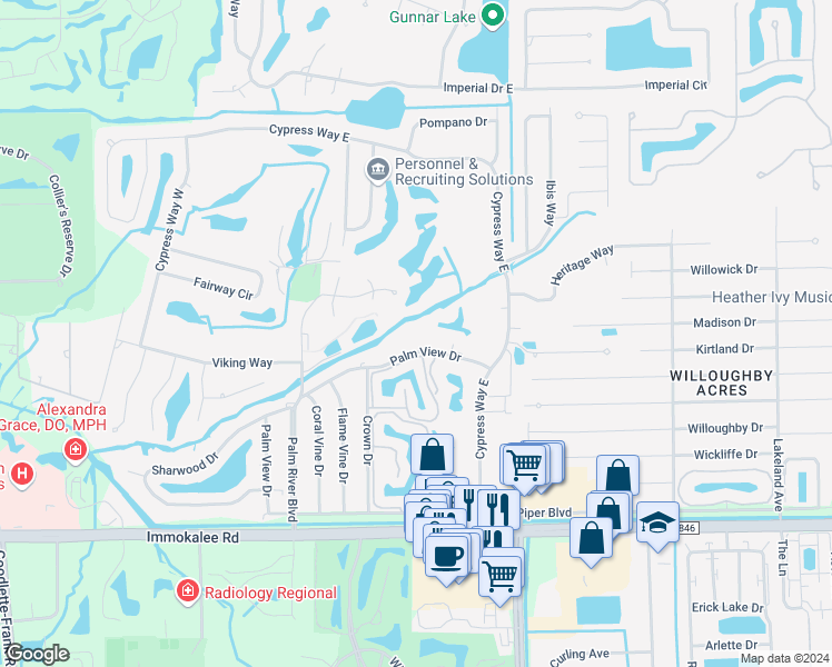 map of restaurants, bars, coffee shops, grocery stores, and more near 390 Country Club Lane in Naples