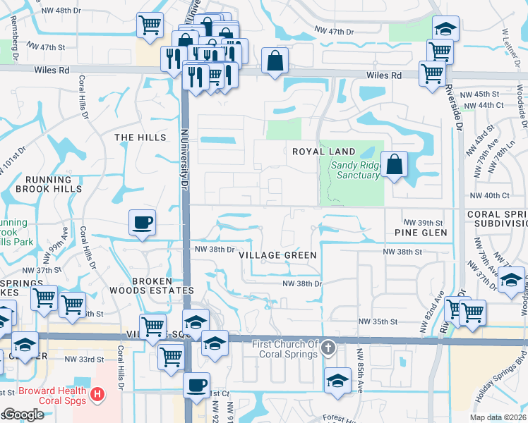 map of restaurants, bars, coffee shops, grocery stores, and more near 4137 Cardinal Road in Coral Springs