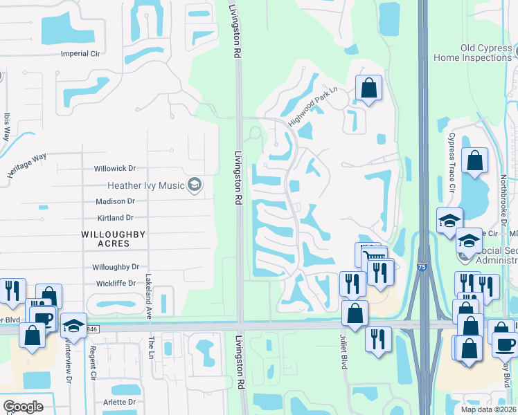 map of restaurants, bars, coffee shops, grocery stores, and more near 15100 Livingston Road in Naples