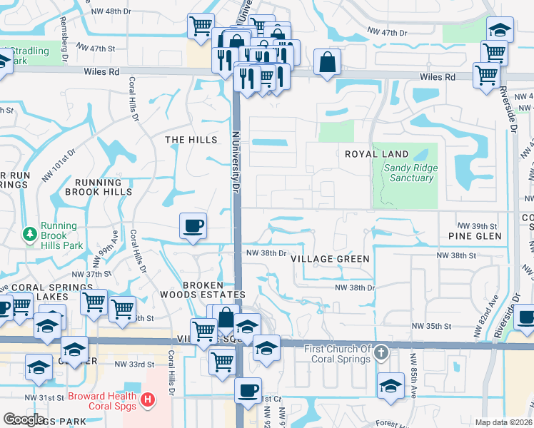 map of restaurants, bars, coffee shops, grocery stores, and more near 4151 Northwest 90th Avenue in Coral Springs