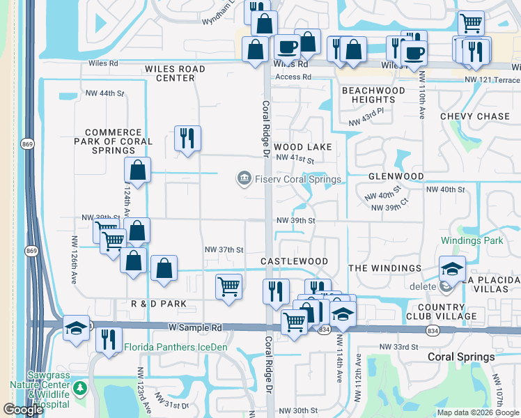 map of restaurants, bars, coffee shops, grocery stores, and more near 3952 Coral Ridge Drive in Coral Springs