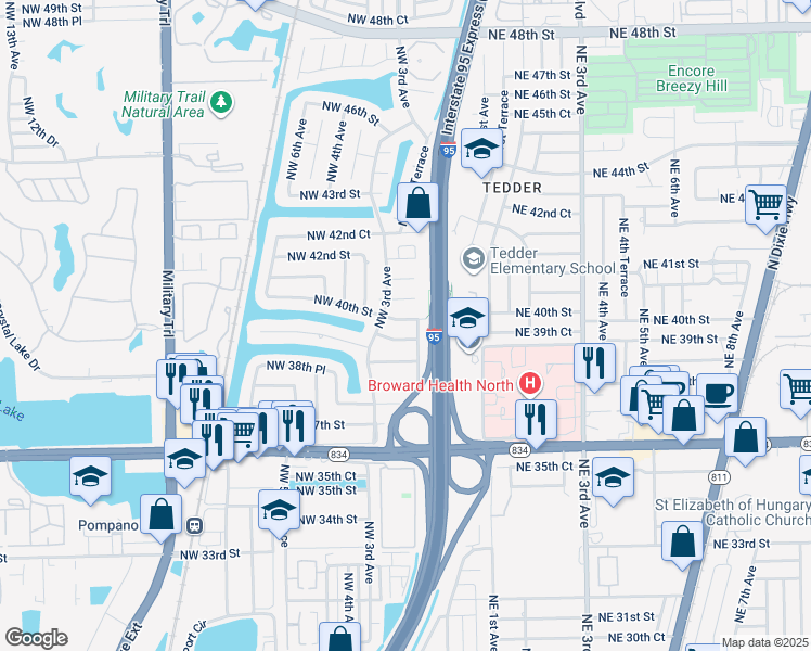 map of restaurants, bars, coffee shops, grocery stores, and more near 241 Northwest 40th Street in Pompano Beach