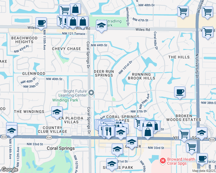 map of restaurants, bars, coffee shops, grocery stores, and more near 4015 Northwest 103rd Drive in Coral Springs