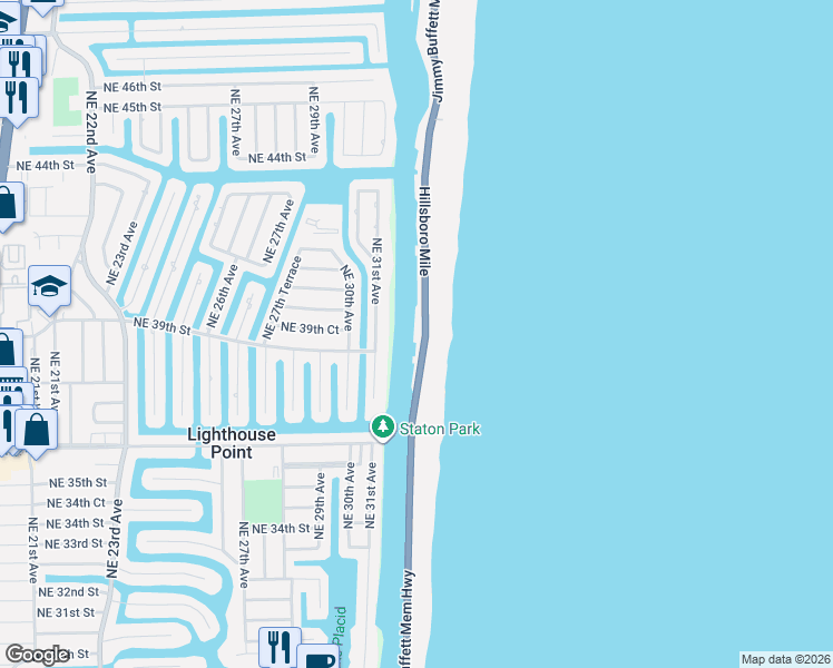 map of restaurants, bars, coffee shops, grocery stores, and more near 1050 Florida A1A in Hillsboro Beach