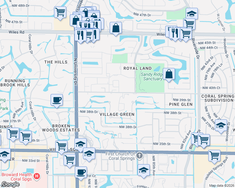 map of restaurants, bars, coffee shops, grocery stores, and more near 350 Northwest 88th Avenue in Coral Springs