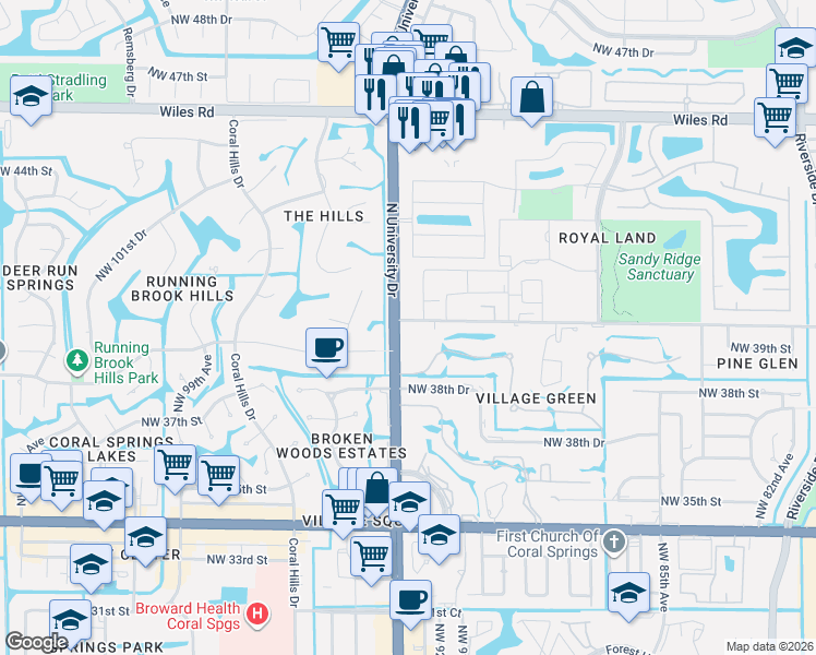map of restaurants, bars, coffee shops, grocery stores, and more near in Coral Springs